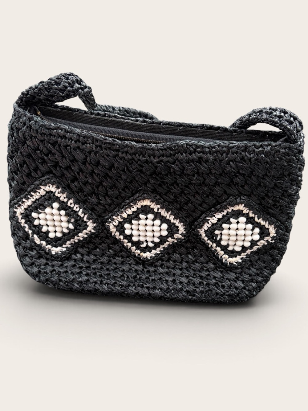 VINTAGE Made in Japan Small Black Raffia Woven Beaded Shoulder Bag Purse